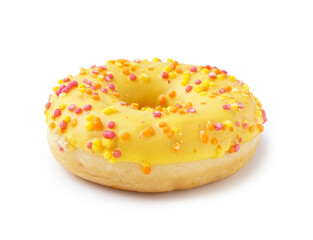 Tasty donut with colorful sprinkles on white background