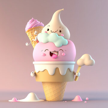 Cute ice cream cartoon 3D character. Generative Ai