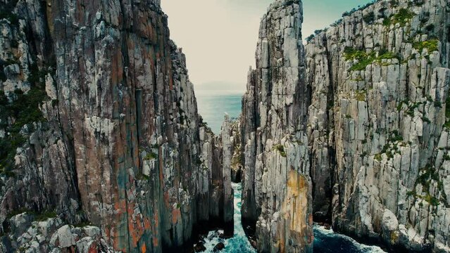 Cape Hauy Drone Flys in Between Sea Cliffs in Tasmania, Australia