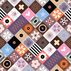 Abstract seamless background with different coloured patterns and geometric shapes. 