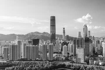 Skyline of downtwon district of Shenzhen city, China. Viewed from Hong Kong border