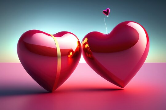 Two beautiful red glowing hearts kissing each other amazing photographic image wallpaper generative ai