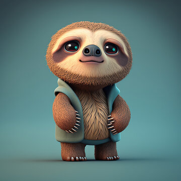 Cute sloth cartoon 3D character. Friendly animal. Happy animal for children book. Generative Ai