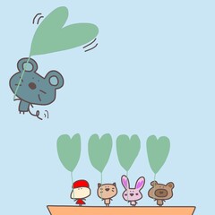 ハートの葉っぱで飛んでいくネズミンと　順番待ちの仲間達