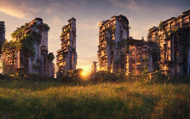 The last remains of us. The post-apocalyptic view of the ruins of a destroyed city overgrown by plants. Generative AI