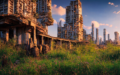 The last remains of us. The post-apocalyptic view of the ruins of a destroyed city overgrown by plants. Generative AI
