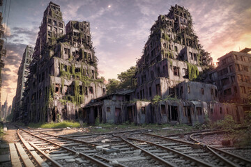 Fototapeta premium The last remains of us. The post-apocalyptic view of the ruins of a destroyed city overgrown by plants. Generative AI