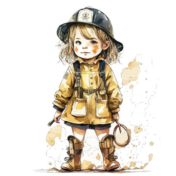 Adorable little girl dressed in a fireman's uniform and helmet. Perfect vector image for creative designs and captivating stories.
