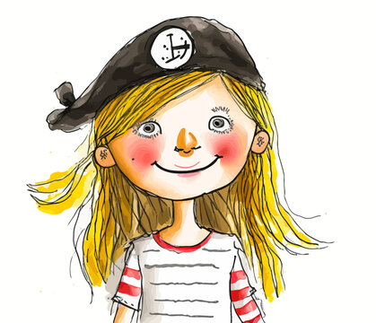 Adorable little pirate girl dressed in the traditional ship uniform, lending itself to various graphic uses. A perfect illustration.