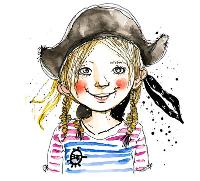 Pretty pirate girl in a pirate costume. Sweet face, elegant crew. Ideal for illustration and other graphic uses.