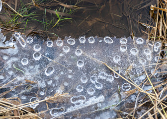 water and ice formations in the river, frozen ice drops, winter