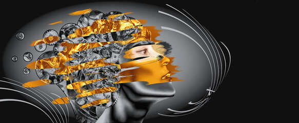 AI or Artificial Intelligence concept. Thinking businesswoman with gear mechanisms on her head. The education, idea or technology concept. Golden robot and human concept. Art design