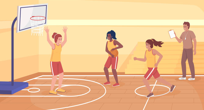 Athletic club in school flat color vector illustration. Sporty girls playing basketball together. High school sports activities. Fully editable 2D simple cartoon characters with gym on background
