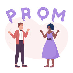 Prom night 2D vector isolated illustration. Friends celebrating and dancing flat characters on cartoon background. Colorful editable scene for mobile, website, presentation. Fredoka One font used © IMG visuals characte