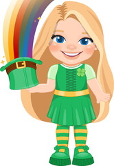 St. Patrick s Day with blonde long hair girl in Irish costumes holding rainbow leprechaun hat cartoon character design