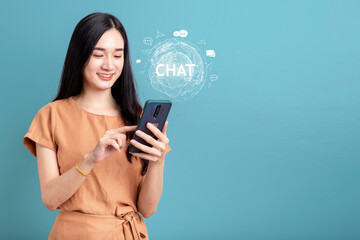 System Artificial intelligence chatgpt , Business woman using  Smartphone with Chat Bot AI , Technology smart robot Ai Chat application software , robot application Chat GPT