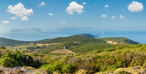 Fototapeta na wymiar South cape of Lefkas island and lighthouse panorama (Lefkada, Greece, Ionian Sea). View from up.