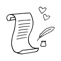 letter paper and inkwell with feather and hearts hand drawn in doodle style. document icon, sticker.