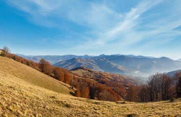 Autumn Carpathian mountain landscape with colorful trees on slope and light haze.