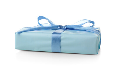 Beautiful gift box wrapped in blue paper on white background