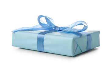 Beautiful gift box wrapped in blue paper on white background
