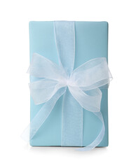 Beautiful gift box wrapped in blue paper on white background