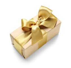 Gift box with golden bow on white background
