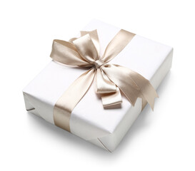 Fototapeta na wymiar Gift box tied with shiny satin ribbon on white background