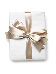 Gift box tied with shiny satin ribbon on white background