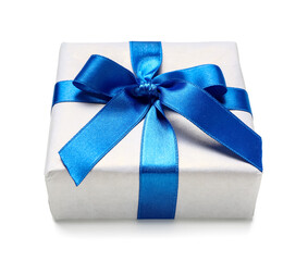 Gift box tied with blue ribbon on white background