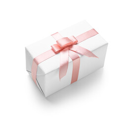 Beautiful gift box tied with pink ribbon isolated on white background. Women's Day celebration