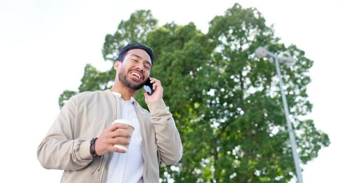 Young businessman, outdoor phone call and celebration for good news, promotion or success on walk to work. Man, walking and using phone for conversation, networking and winning with goals in morning