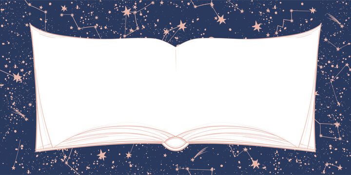 Open book with copy space, blue sky background with constellations. Universe vector illustration for astrology, tarot, horoscope. Boho mystical sky background.