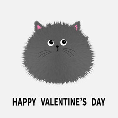Happy Valentines day. Gray fluffy cat icon. Face head body. Fat round kitten. Kawaii baby pet animal. Cute cartoon character. Greeting card. Flat design. White background.