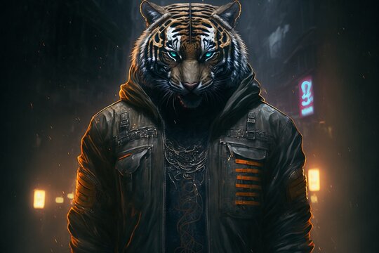 humanoid tiger wearing streetwear clothing. generative AI