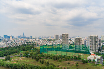 Ho Chi Minh city, Vietnam - 20 Jan 2023: The view on the high-rise building sees Phu My Hung in District 7, one of the best places to live in Ho Chi Minh City with many amenities and apartments around