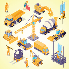 vector construction icons set bulldozer machinery truckload crane excavator mixer