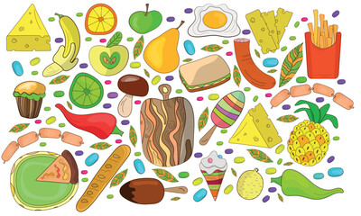 Set of hand drawn food isolated on white background