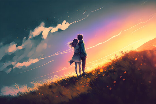 couples embracing each other in love on the hill, digital art style, illustration painting