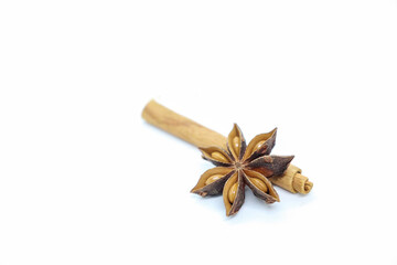 Cinnamon stick and anise on white background