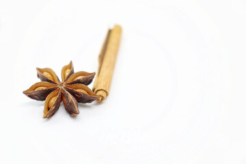 Cinnamon stick and anise on white background