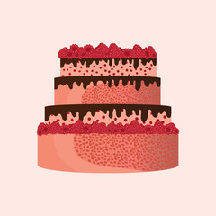 Strawberry cake topped with chocolate cream and whipped cream. Isolated on a white background.