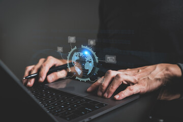 Businessperson using laptop for corporate business information strategy planning and database management analysis, marketing customer data research and survey, intelligence platform technology