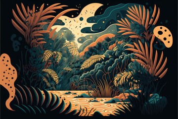 Fototapeta na wymiar psychic wave stylised illustration of jungle, film grain, grain, retro colors, 3d elements