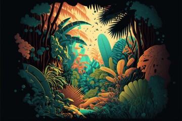 Fototapeta na wymiar psychic wave stylised illustration of jungle, film grain, grain, retro colors, 3d elements