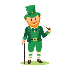 Leprechaun man with a cane holding a smoking pipe. St patrick man in Irish costume isolated on white background.