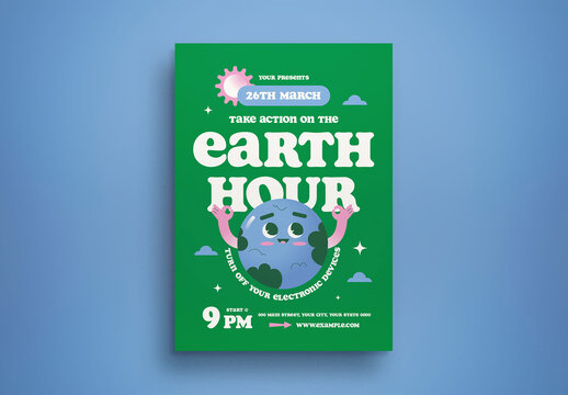 Green Cute Cartoon Earth Hour Flyer Layout