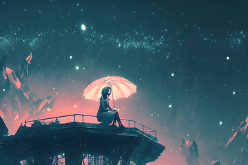 Fototapeta na wymiar young woman with a glowing umbrella sitting on top of the building against the starry sky, digital art style, illustration painting