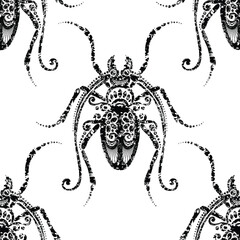 Seamless Pattern with Ornate Exotic Beetles. Decorative Endless Texture. Vintage Stamp Stylization. Vector Illustration. Black and White Design