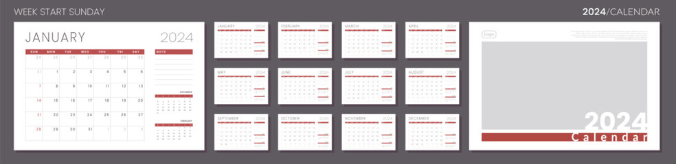2024 Calendar Planner Template with cover. Vector layout grid of a wall or desk simple calendar with week start sunday. Minimalist corporate calendar design for print